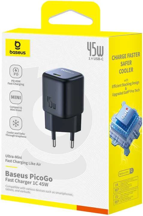 Baseus Sieninis įkroviklis PicoGo GaN 45W USB-C QC PD, juodas