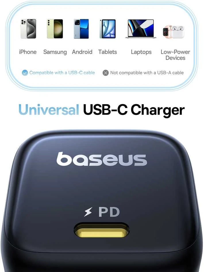 Baseus Sieninis įkroviklis PicoGo GaN 45W USB-C QC PD, juodas