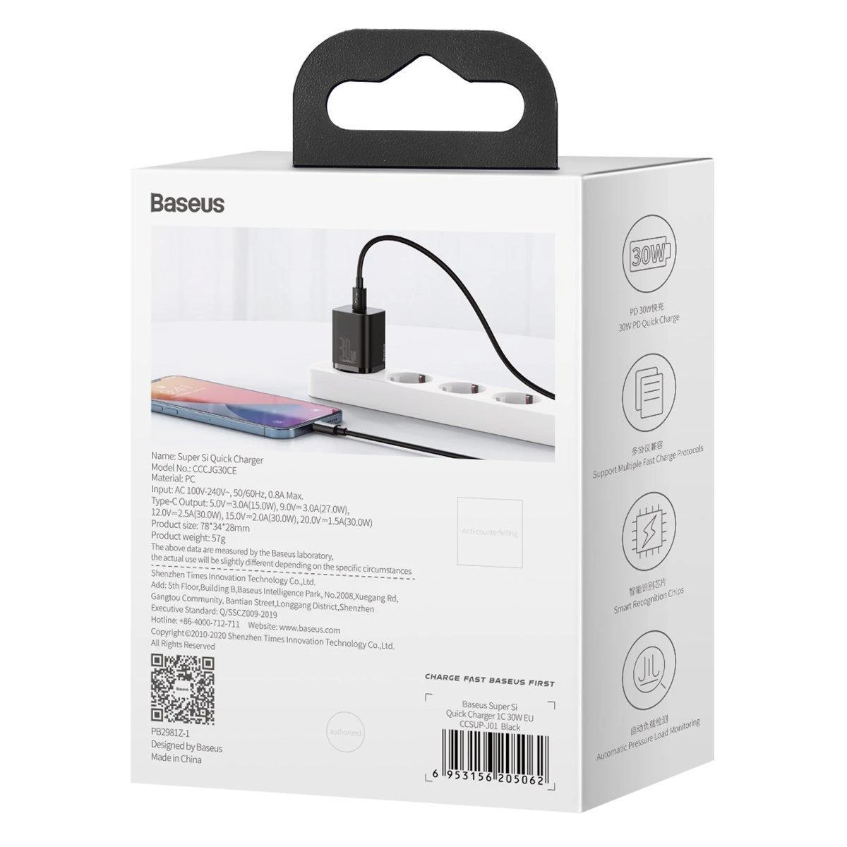 Baseus Sieninis įkroviklis Super Si 30W USB-C QC3.0 PD, juodas