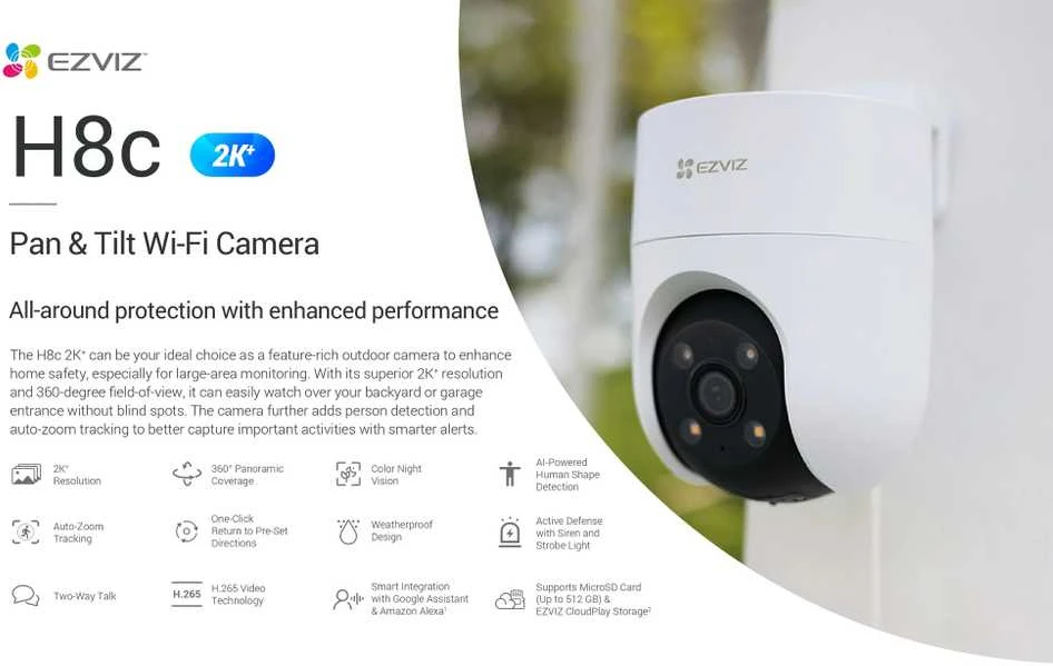 Wi-Fi kamera H8C, 3MP, DOME PT, F4 mm, valdoma, IP65, EZVIZ