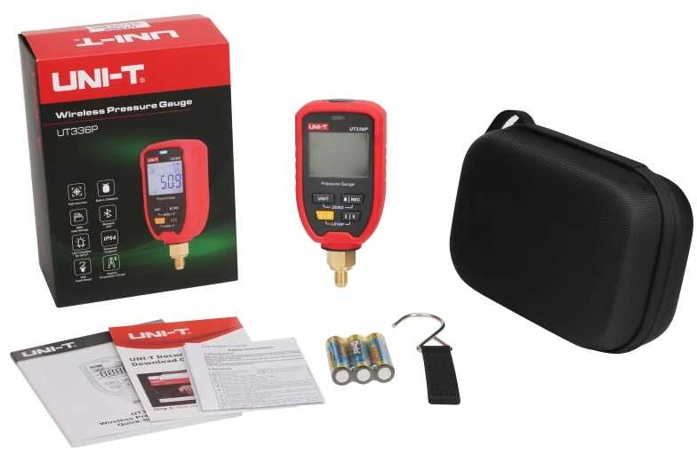 Belaidis slėgio matuoklis, -1 iki 60 bar; ±0,5 % FS; aukšto/žemo slėgio perjungimas ir LED indikatorius, Bluetooth, 8000 duomenų atmintis, UNI-T