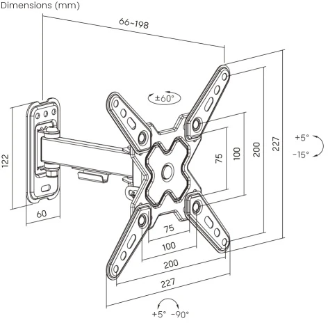 Cabletech Universalus sieninis laikiklis LED televizoriui (13–43 coliai), reguliuojamas vertikaliai ir horizontaliai