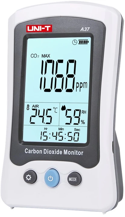 CO2 matuoklis patalpoms, 400-5000ppm; drėgmė 0- 99%, -10 to 50°C, UNI-T