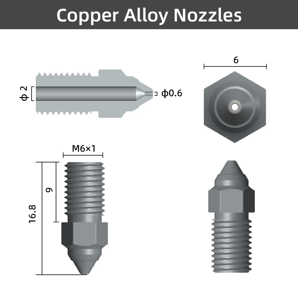 3D spausdintuvo purkštukų komplektas 2vnt (0.4mm ir 0.6mm) skirti ENDER-3V3SE ENDER-7 ir ENDER-5S1 varinio lydinio dengti nikeliu CREALITY aprašymas - Prekės nuotrauka