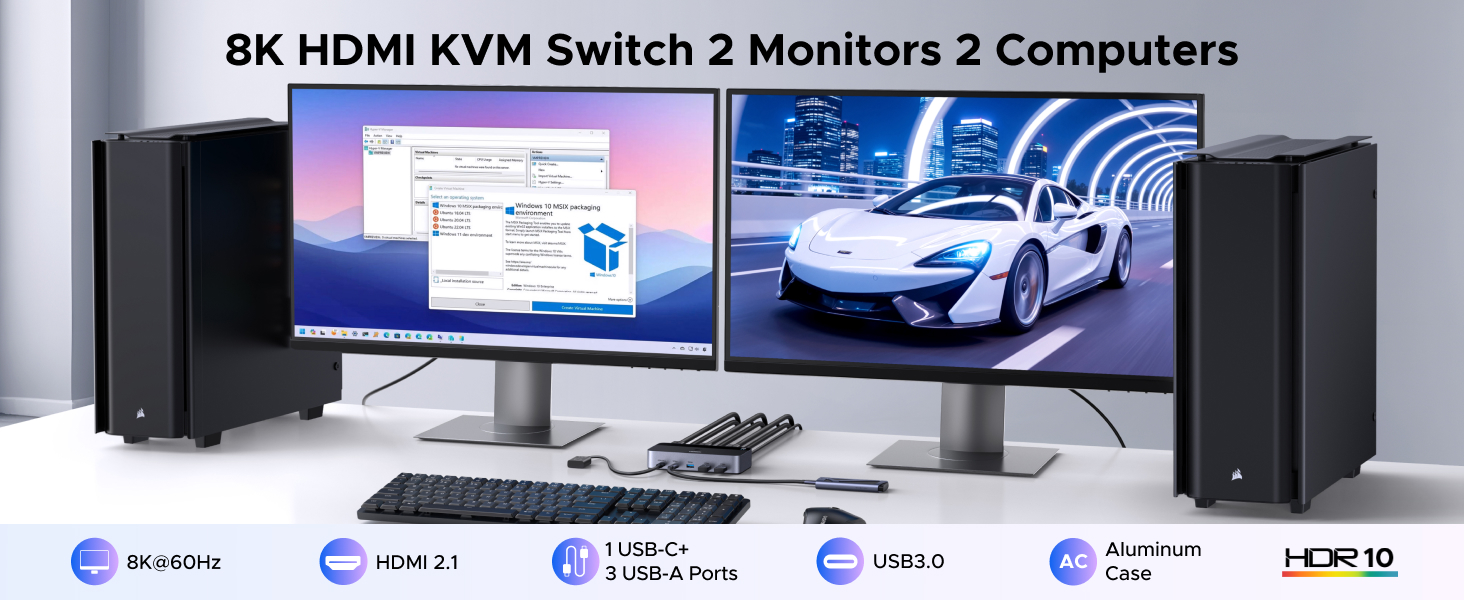 Ugreen 8K@60Hz HDMI KVM komutatorius (2 PC <-> 2 monitoriai + 4 įrenginiai) aprašymas - Prekės nuotrauka