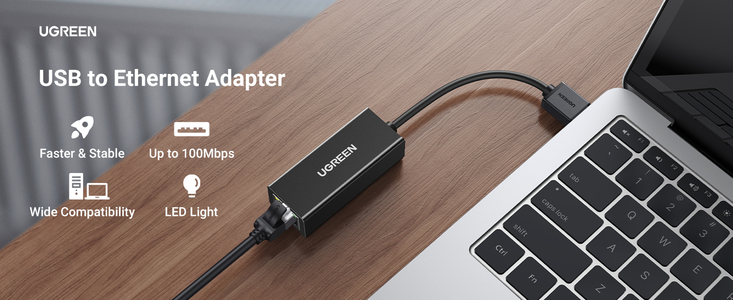 Ugreen Adapteris tinklo USB-A 2.0 - RJ45 10/100Mbit/s, juodas aprašymas - Prekės nuotrauka