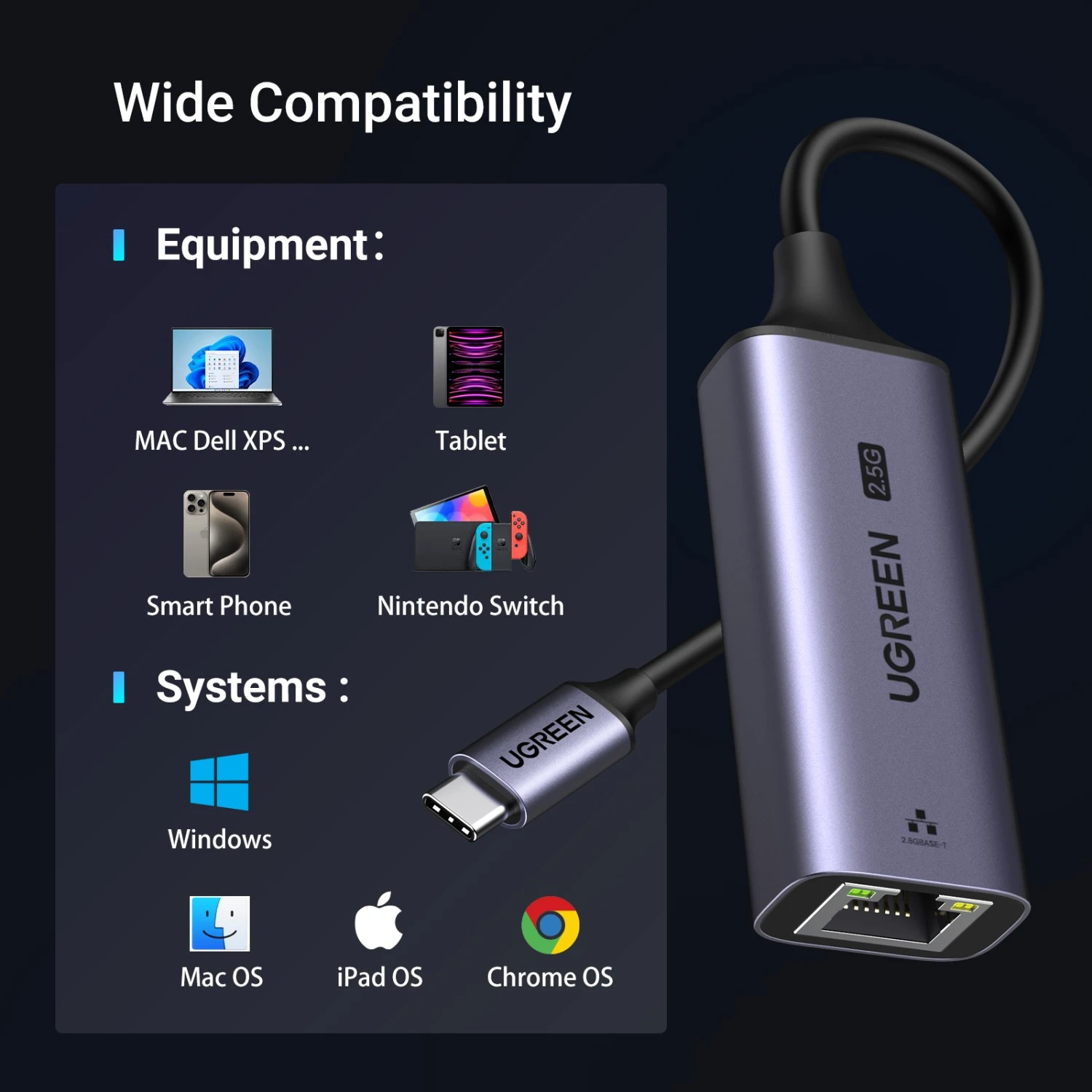 Ugreen Adapteris tinklo USB C 3.1 Gen1 - RJ45 2.5G Gigabit aprašymas - Prekės nuotrauka