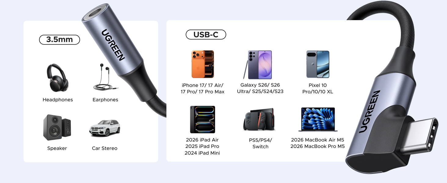 Adapteris USB C kampinis kištukas - 3.5mm stereo lizdas CM991 UGREEN aprašymas - Prekės nuotrauka