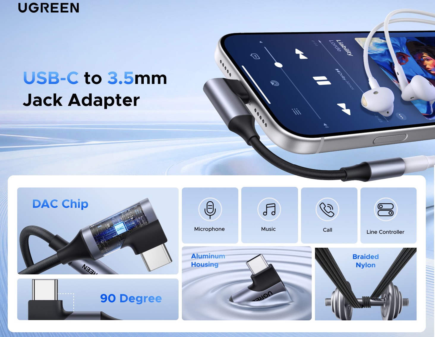 Adapteris USB C kampinis kištukas - 3.5mm stereo lizdas CM991 UGREEN aprašymas - Prekės nuotrauka