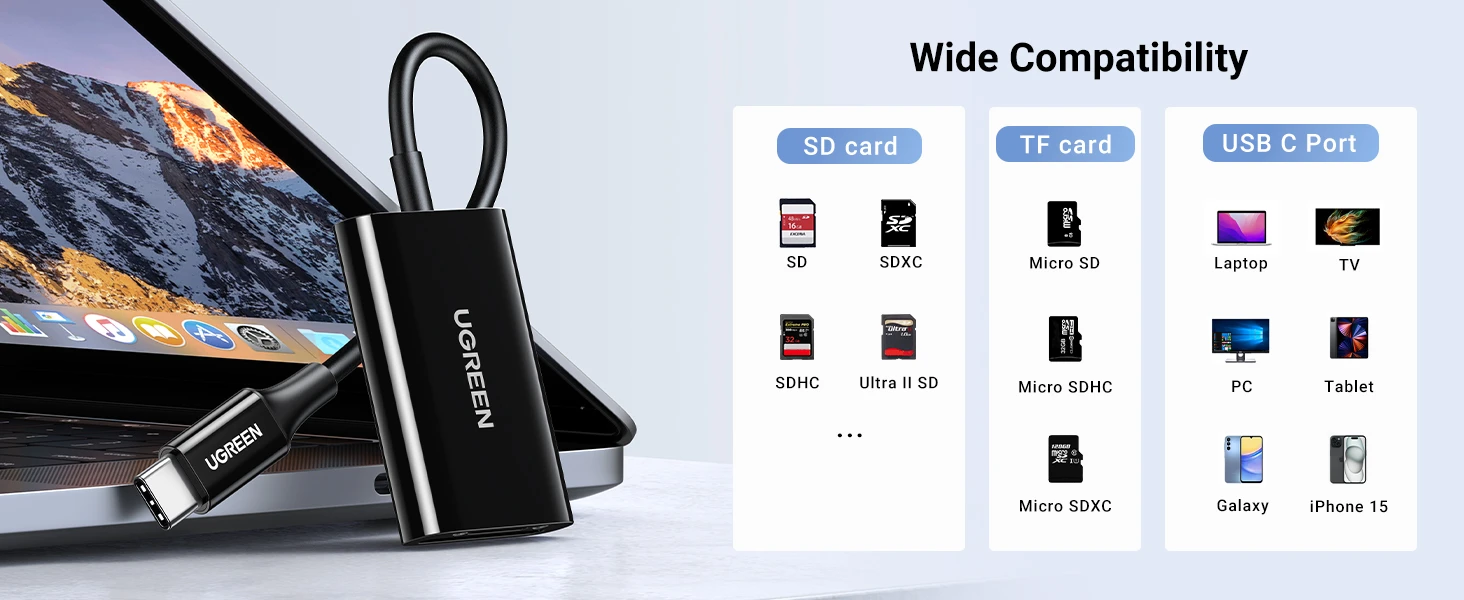 Ugreen Atminties kortelių Micro SD, SD skaitytuvas USB-C 3.1, juodas aprašymas - Prekės nuotrauka