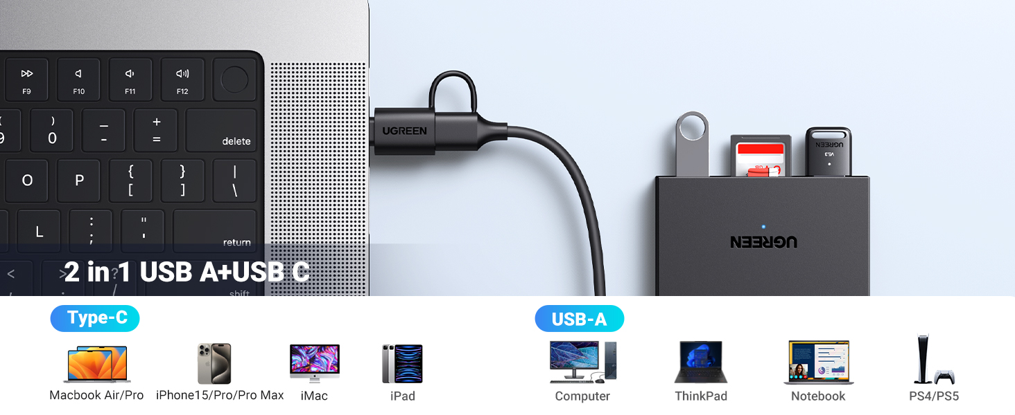 Ugreen Atminties kortelių Micro SD, SD skaitytuvas USB 3.0/USB-C OTG su 2xUSB-A prievadais aprašymas - Prekės nuotrauka
