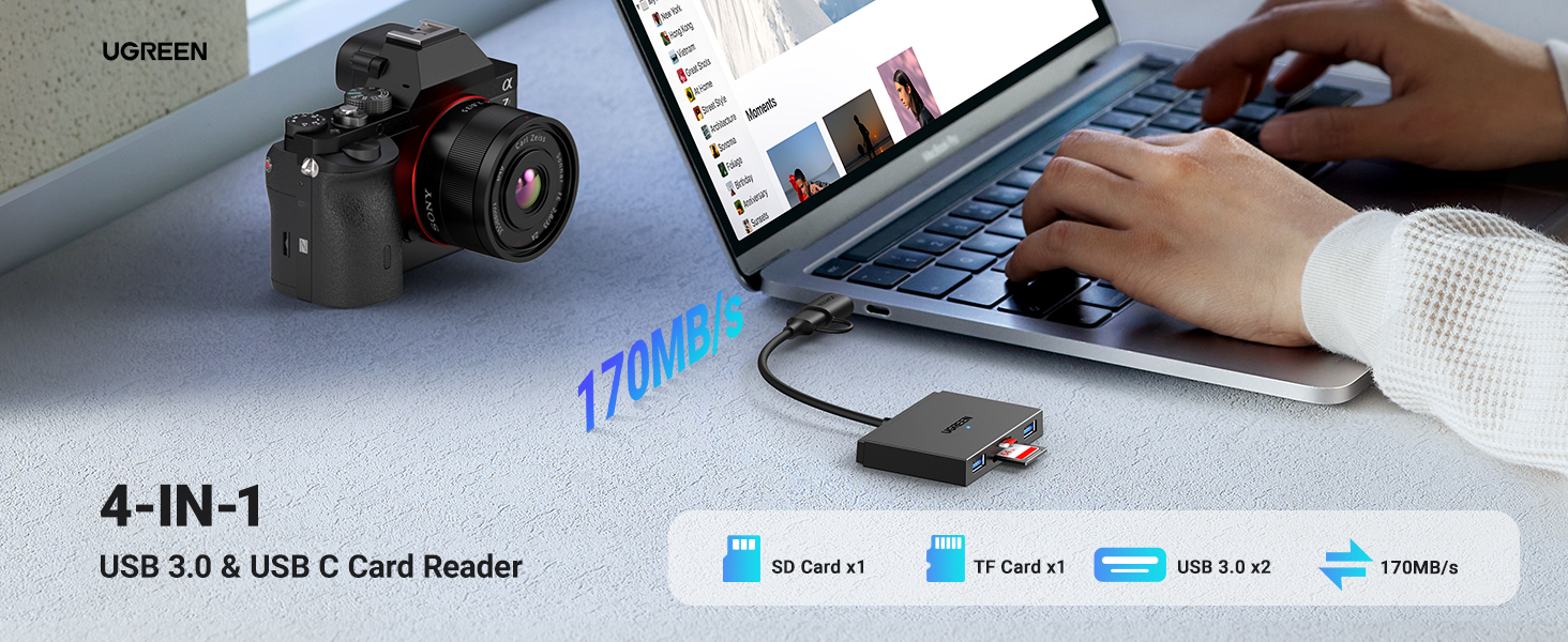 Ugreen Atminties kortelių Micro SD, SD skaitytuvas USB 3.0/USB-C OTG su 2xUSB-A prievadais aprašymas - Prekės nuotrauka