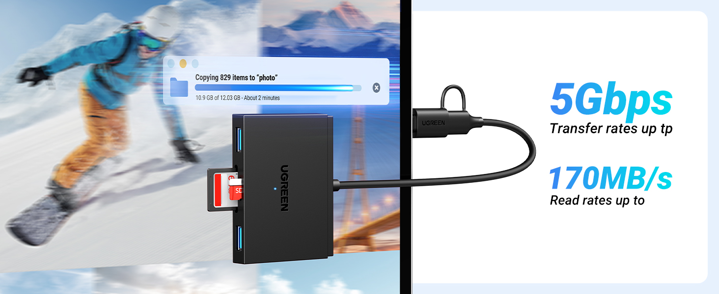 Ugreen Atminties kortelių Micro SD, SD skaitytuvas USB 3.0/USB-C OTG su 2xUSB-A prievadais aprašymas - Prekės nuotrauka