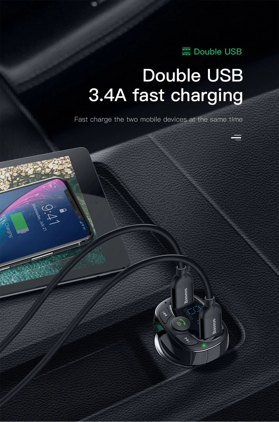 Baseus Automobilinis FM moduliatorius, įkroviklis su Bluetooth 12-24V 2xUSB 3.4A, juodas aprašymas - Prekės nuotrauka