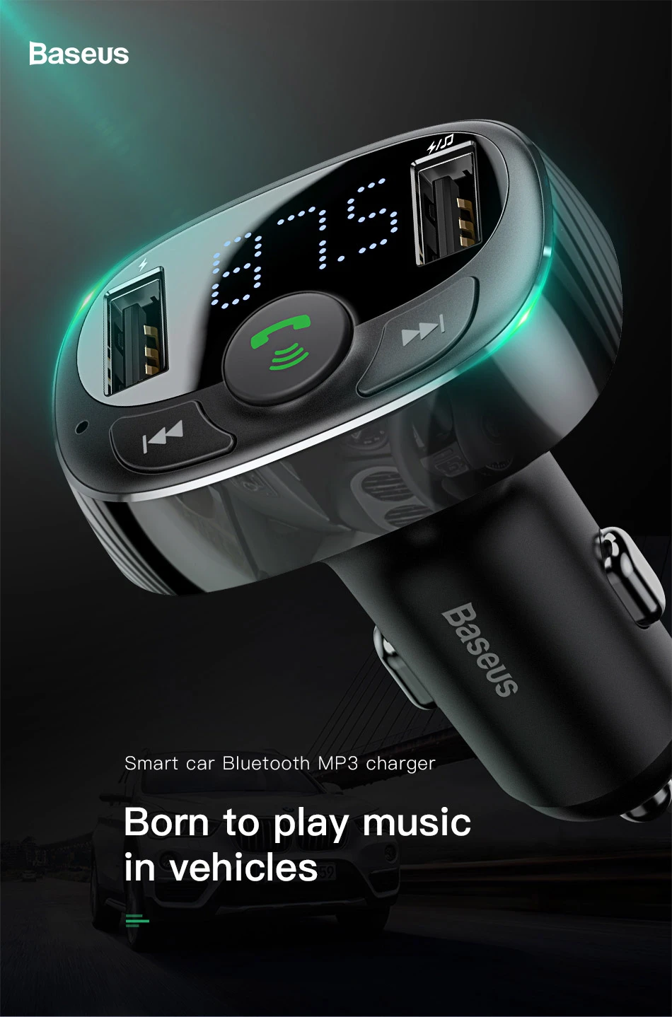 Baseus Automobilinis FM moduliatorius, įkroviklis su Bluetooth 12-24V 2xUSB 3.4A, juodas aprašymas - Prekės nuotrauka