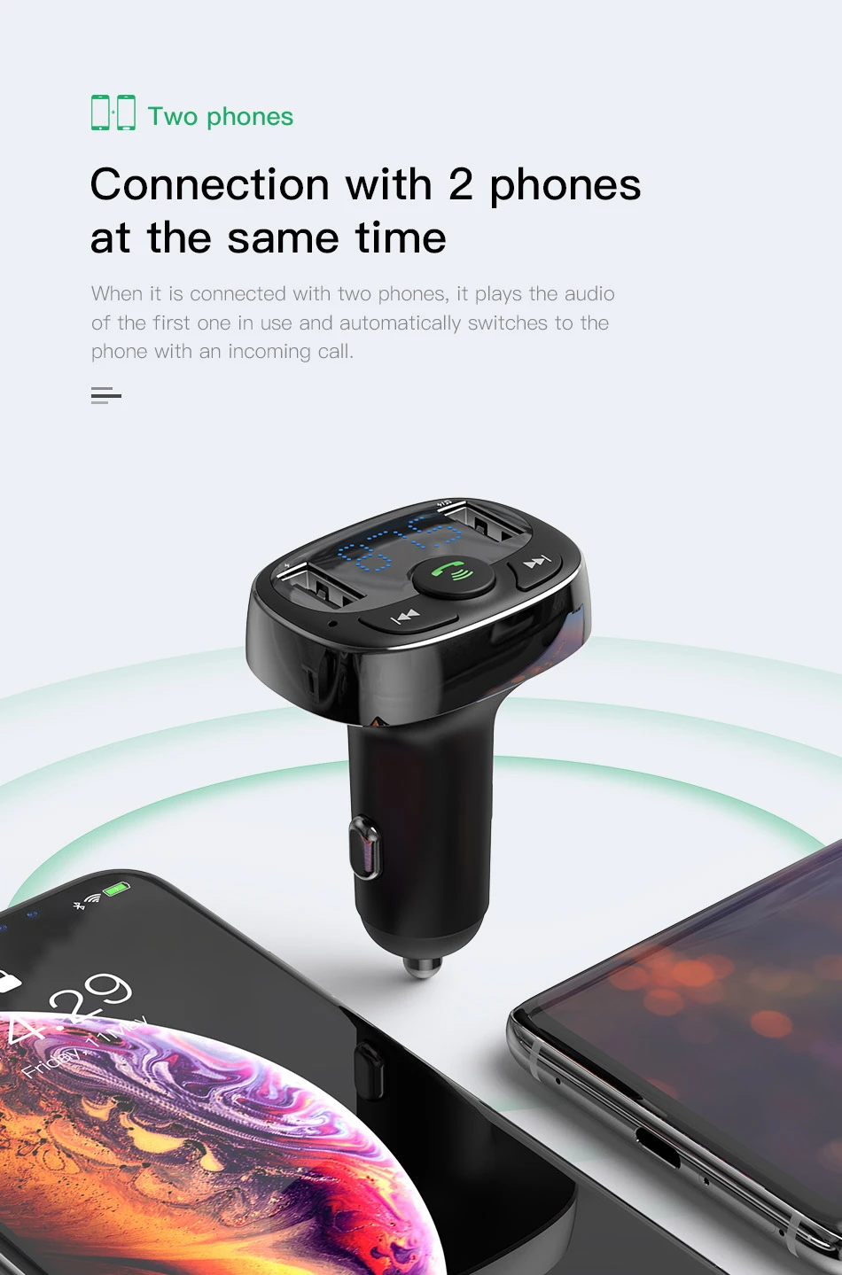 Baseus Automobilinis FM moduliatorius, įkroviklis su Bluetooth 12-24V 2xUSB 3.4A, juodas aprašymas - Prekės nuotrauka
