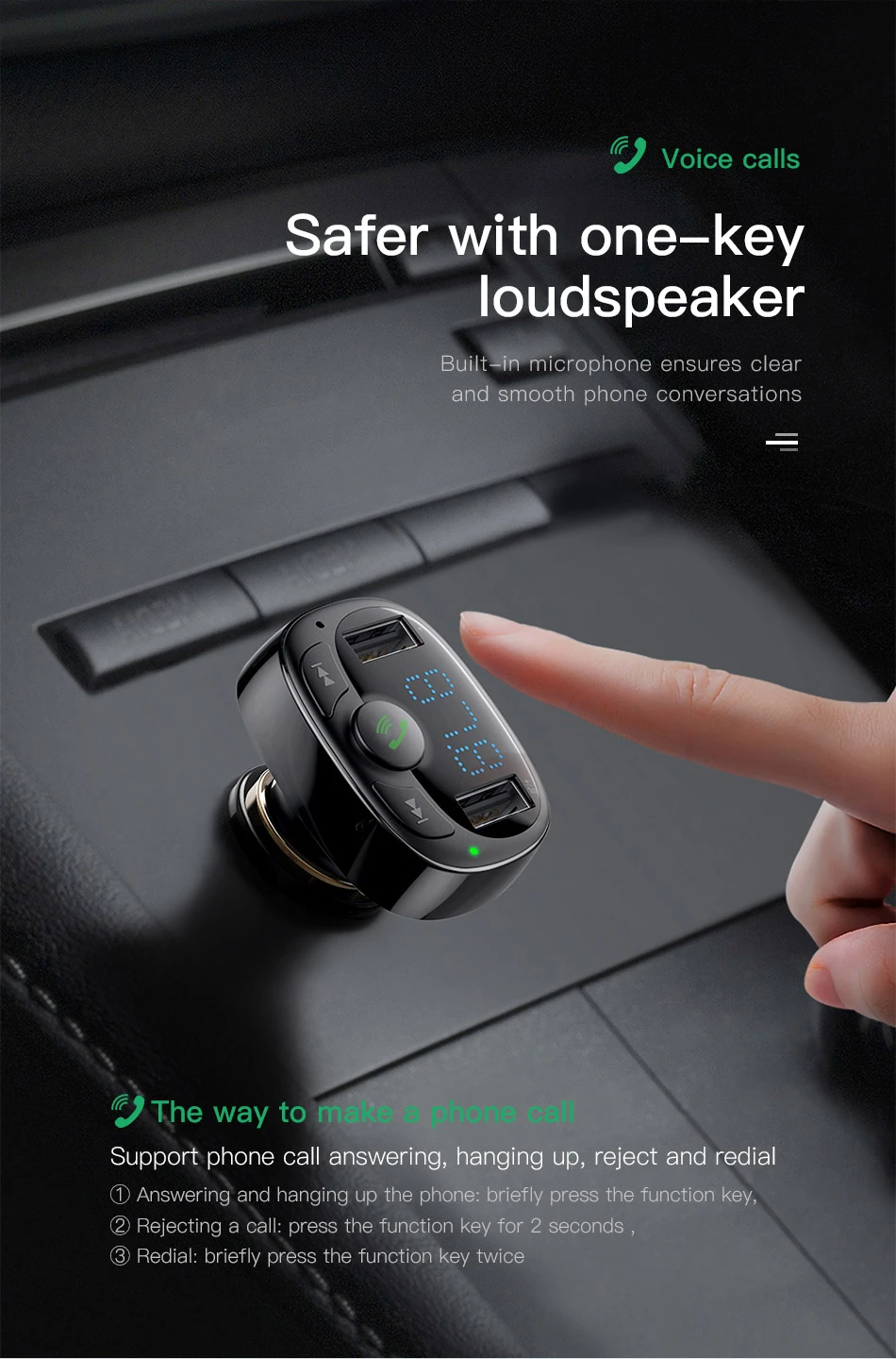 Baseus Automobilinis FM moduliatorius, įkroviklis su Bluetooth 12-24V 2xUSB 3.4A, juodas aprašymas - Prekės nuotrauka