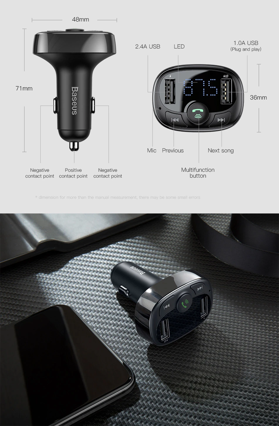Baseus Automobilinis FM moduliatorius, įkroviklis su Bluetooth 12-24V 2xUSB 3.4A, juodas aprašymas - Prekės nuotrauka