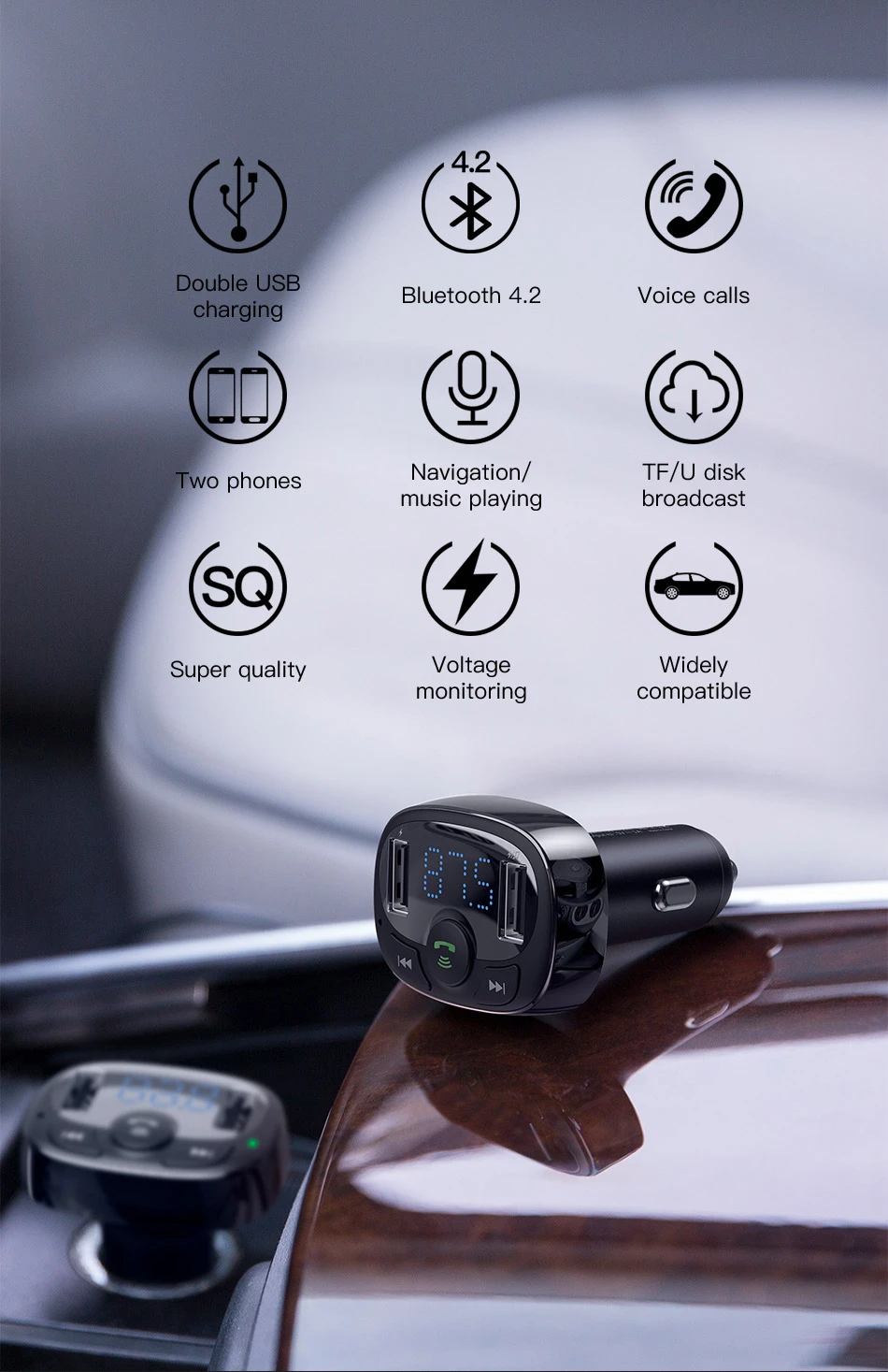 Baseus Automobilinis FM moduliatorius, įkroviklis su Bluetooth 12-24V 2xUSB 3.4A, juodas aprašymas - Prekės nuotrauka