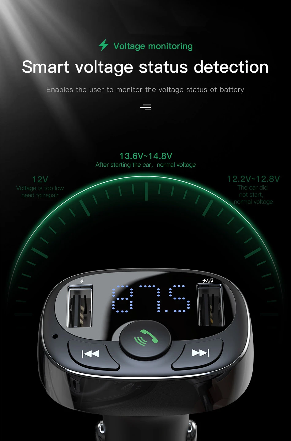 Baseus Automobilinis FM moduliatorius, įkroviklis su Bluetooth 12-24V 2xUSB 3.4A, juodas aprašymas - Prekės nuotrauka