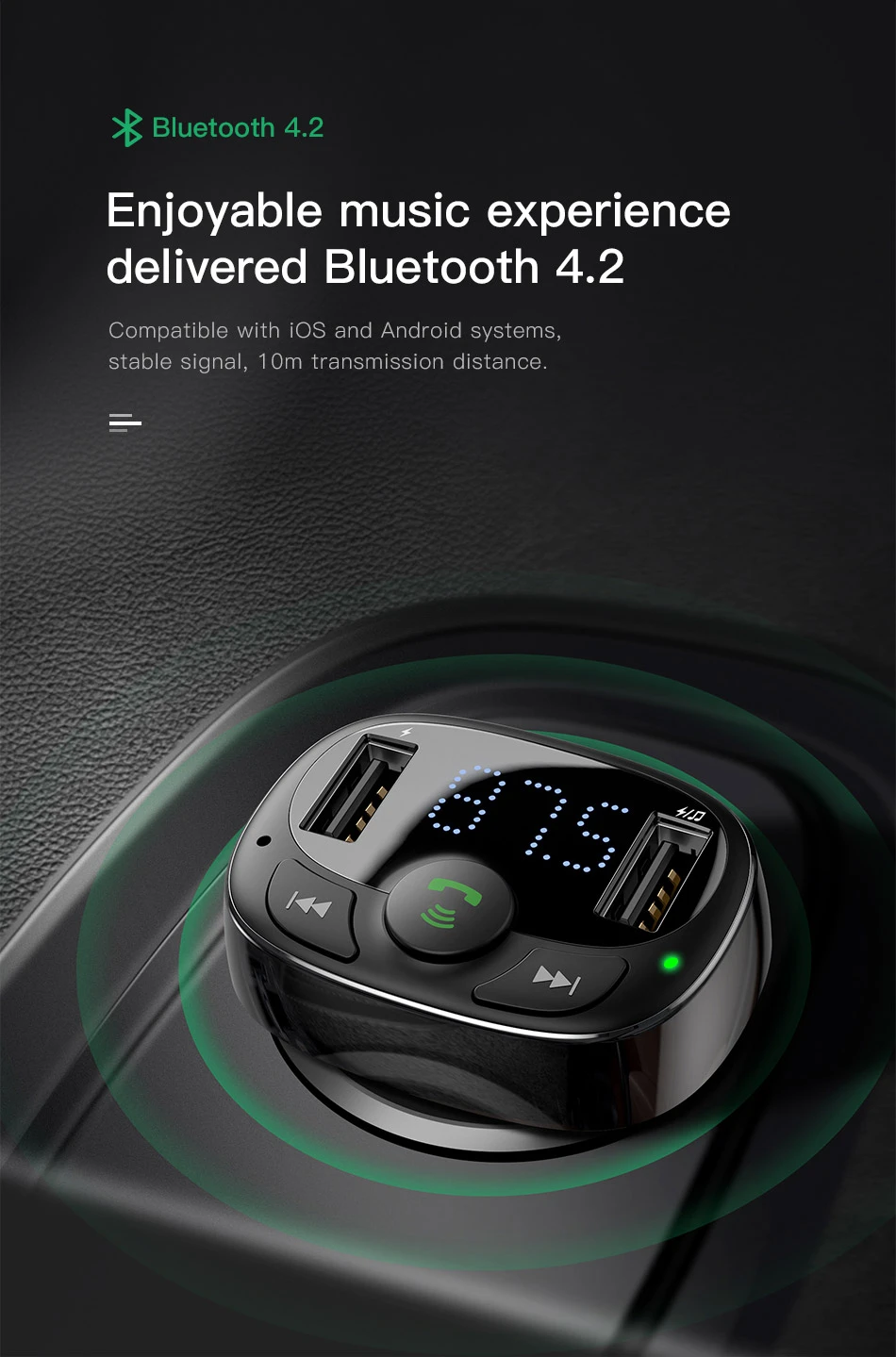 Baseus Automobilinis FM moduliatorius, įkroviklis su Bluetooth 12-24V 2xUSB 3.4A, juodas aprašymas - Prekės nuotrauka