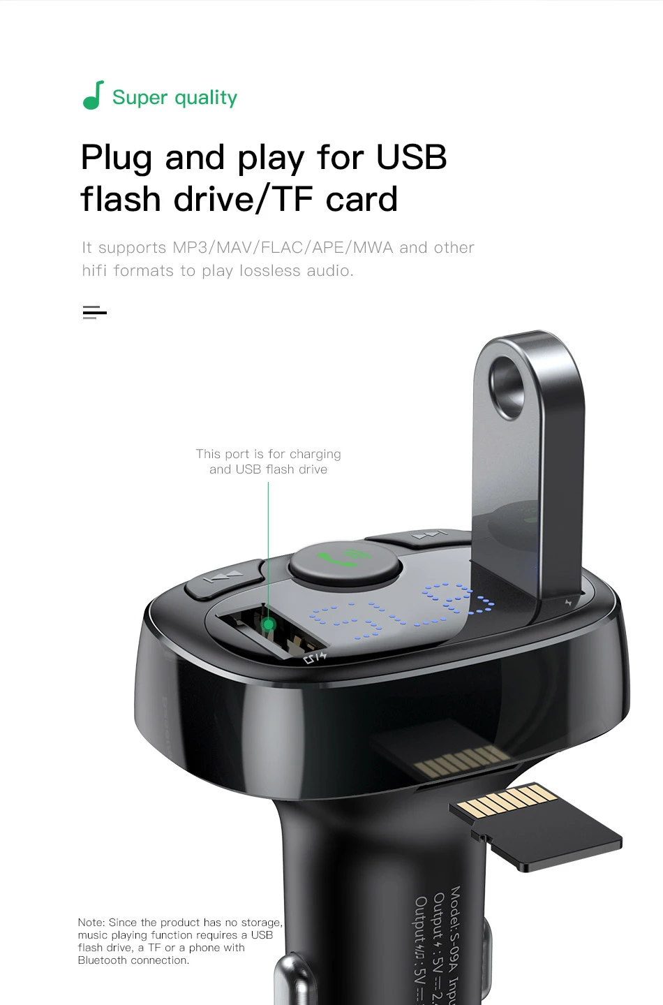Baseus Automobilinis FM moduliatorius, įkroviklis su Bluetooth 12-24V 2xUSB 3.4A, juodas aprašymas - Prekės nuotrauka