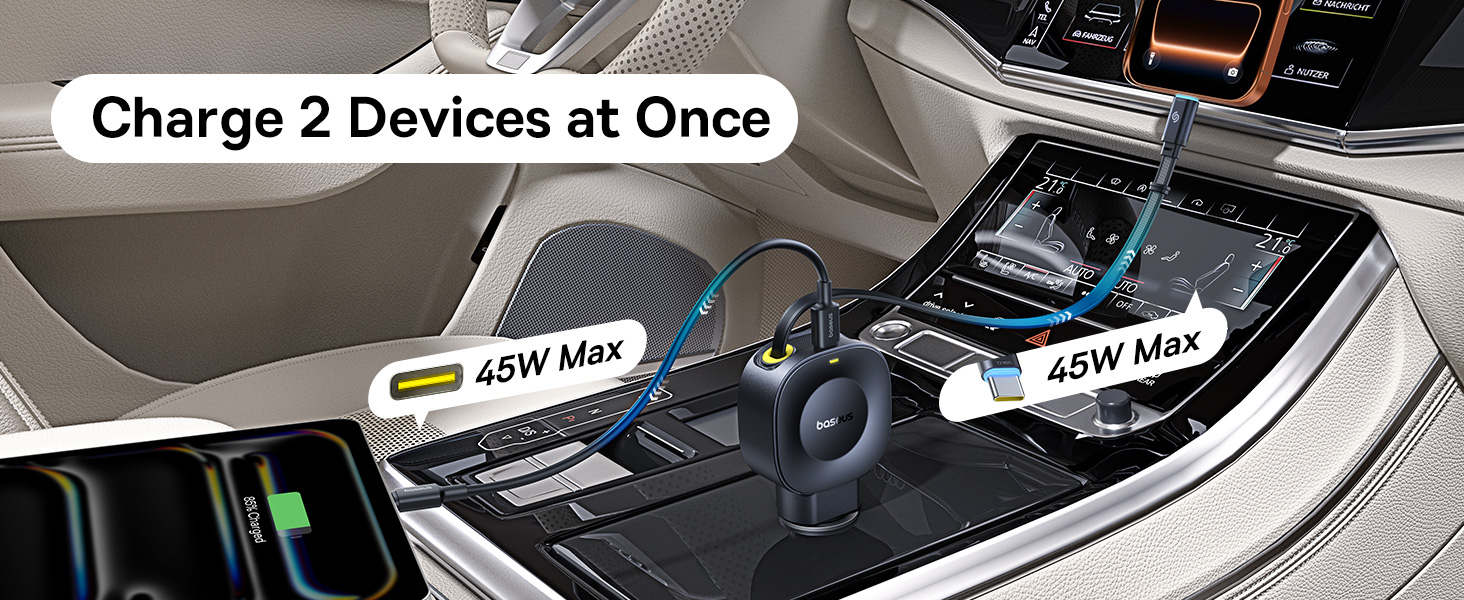 Baseus Automobilinis įkroviklis 12-24V 45W USB-C PD su ištraukiamu 0.8m USB-C laidu PrimeTrip VR2, juodas aprašymas - Prekės nuotrauka