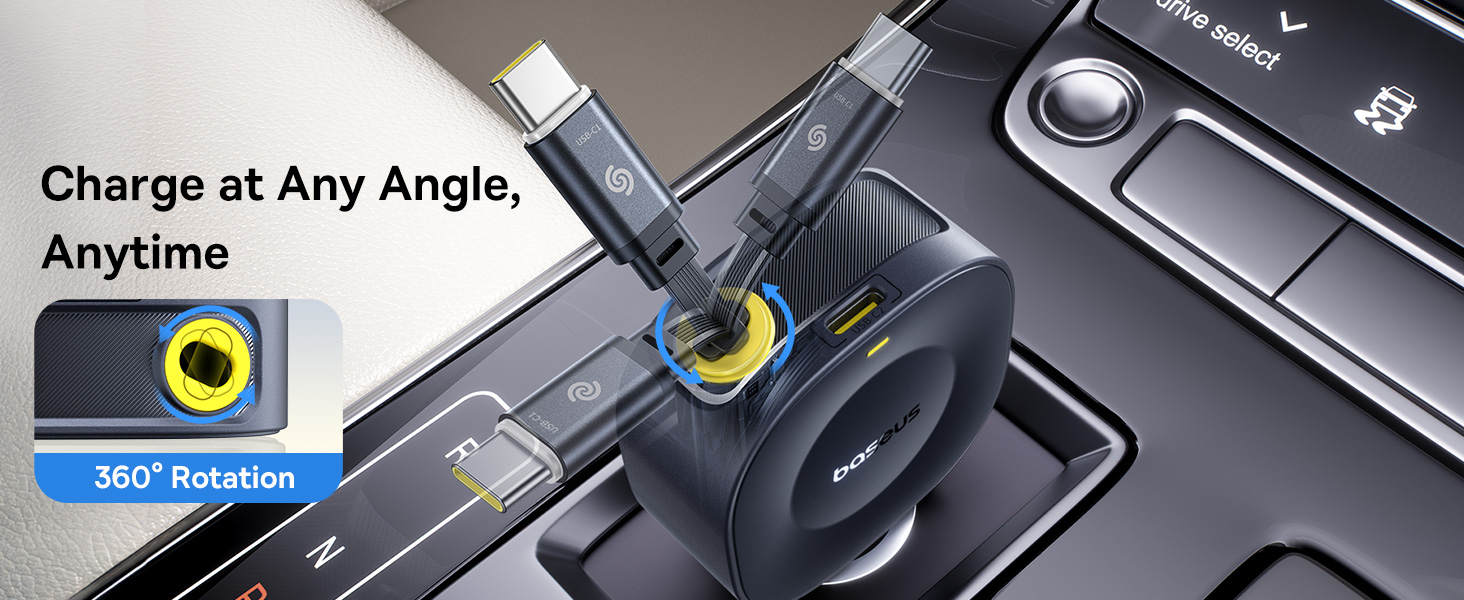 Baseus Automobilinis įkroviklis 12-24V 45W USB-C PD su ištraukiamu 0.8m USB-C laidu PrimeTrip VR2, juodas aprašymas - Prekės nuotrauka