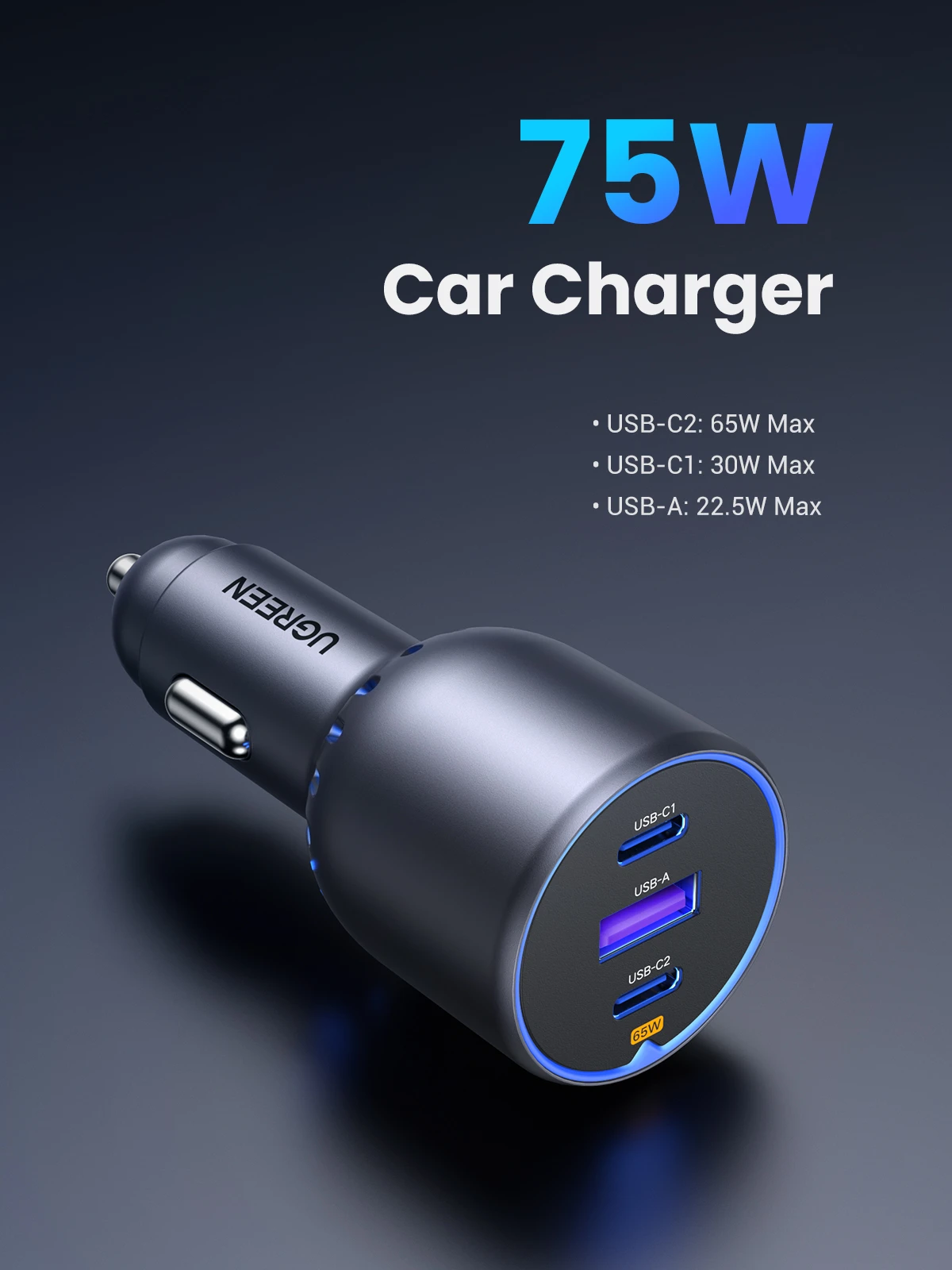 Ugreen Automobilinis įkroviklis 75W 12-24V USB-A + 2xUSB-C QC3.0 PD3.0, pilkas aprašymas - Prekės nuotrauka