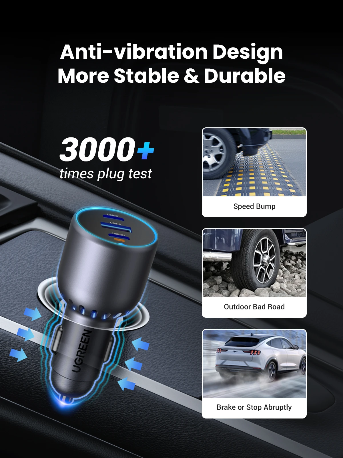 Ugreen Automobilinis įkroviklis 75W 12-24V USB-A + 2xUSB-C QC3.0 PD3.0, pilkas aprašymas - Prekės nuotrauka