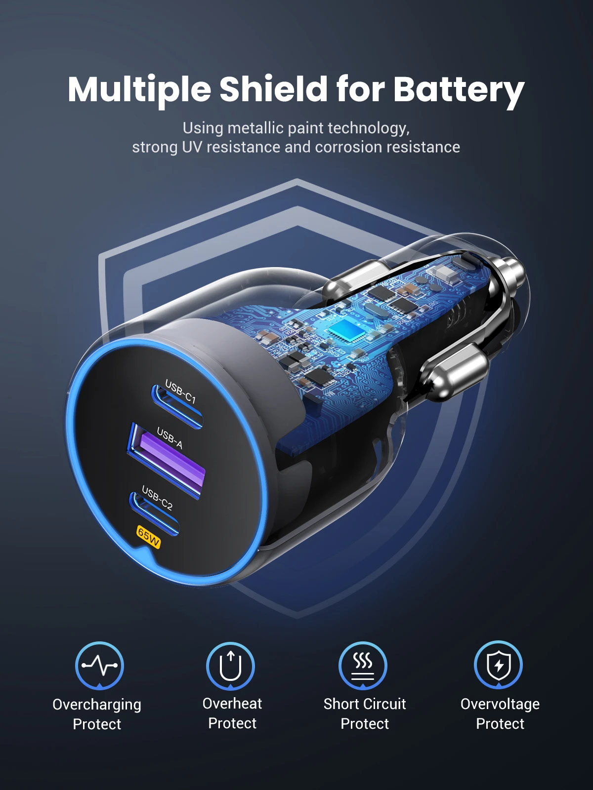 Ugreen Automobilinis įkroviklis 75W 12-24V USB-A + 2xUSB-C QC3.0 PD3.0, pilkas aprašymas - Prekės nuotrauka