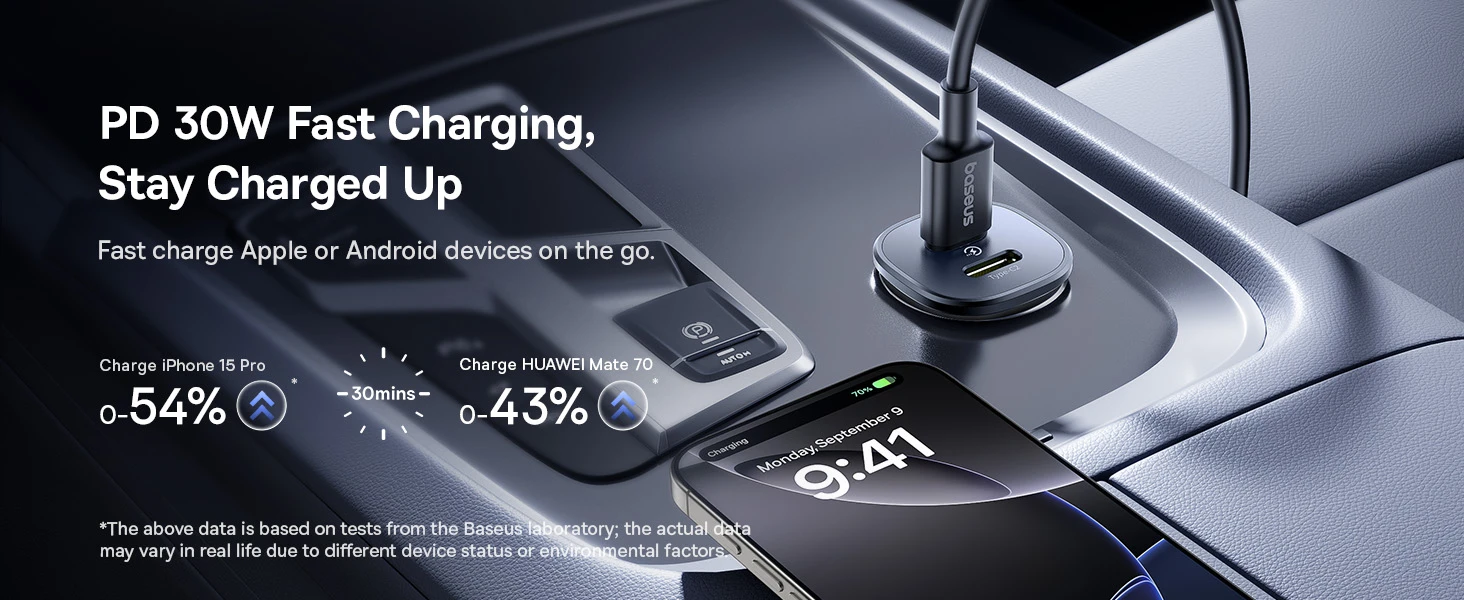 Baseus Automobilinis įkroviklis GoTrip 30W 12-24V USB-A + USB-C QC PD, juodas aprašymas - Prekės nuotrauka