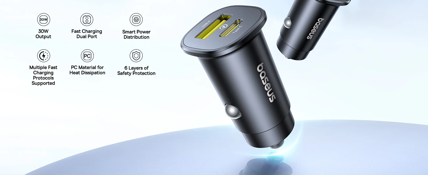 Baseus Automobilinis įkroviklis GoTrip 30W 12-24V USB-A + USB-C QC PD, juodas aprašymas - Prekės nuotrauka
