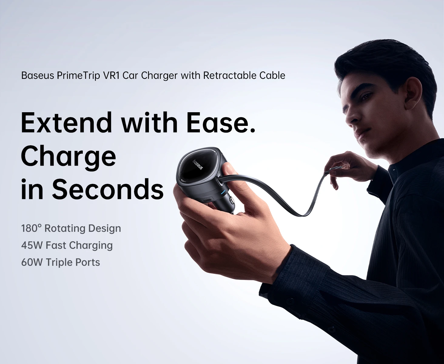 Baseus PrimeTrip VR1 60W USB-A USB-C ze zwijanym kablem USB-C - juoda aprašymas - Prekės nuotrauka