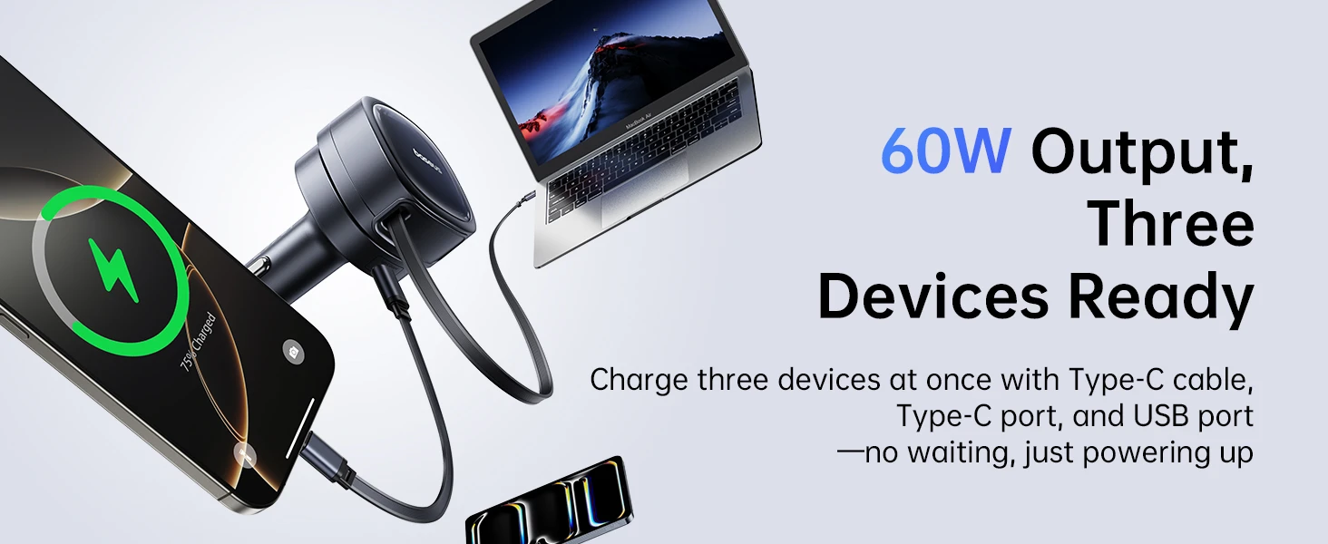 Baseus PrimeTrip VR1 60W USB-A USB-C ze zwijanym kablem USB-C - juoda aprašymas - Prekės nuotrauka
