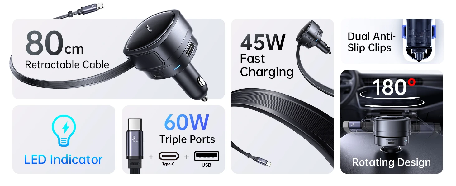 Baseus PrimeTrip VR1 60W USB-A USB-C ze zwijanym kablem USB-C - juoda aprašymas - Prekės nuotrauka