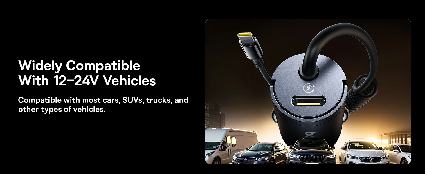 Baseus Automobilinis įkroviklis Tiny Star 30W 12-24V USB-C PD3.0 su integruotu USB-C kabeliu 30W 1.4m, juodas aprašymas - Prekės nuotrauka