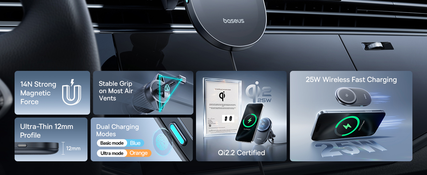 Baseus Automobilinis magnetinis laikiklis telefonams su belaidžiu Qi2.2 įkrovimu 25W PrimeTrip VC2 Pro, juodas aprašymas - Prekės nuotrauka