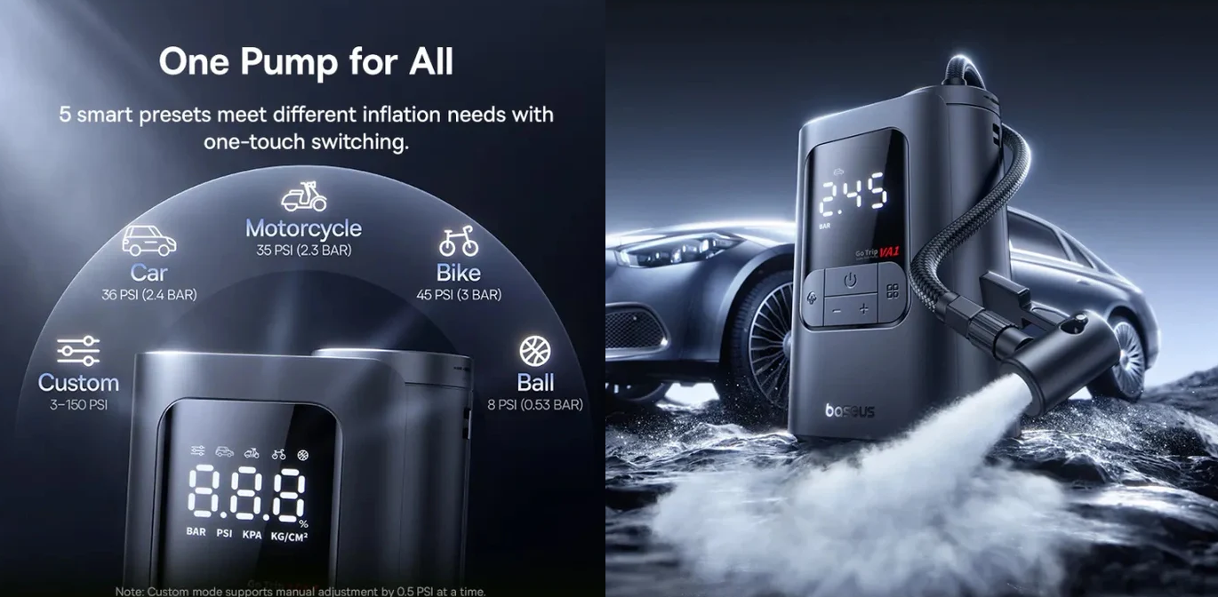 Automobilinis mini kompresorius, max 150 PSI belaidis (su akumuliatoriumi) VA1 GoTrip Dark Gray 2500mAh 11.1V 27.75Wh, Baseus aprašymas - Prekės nuotrauka