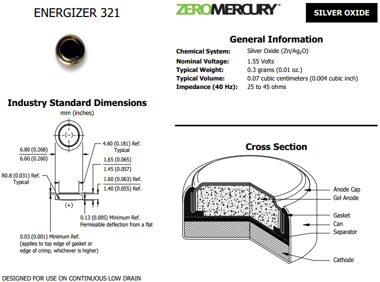 Baterija sidabro oksido 321 (SR65, D321, V321, GP321, SR616SW) 1.55V Energizer aprašymas - Prekės nuotrauka