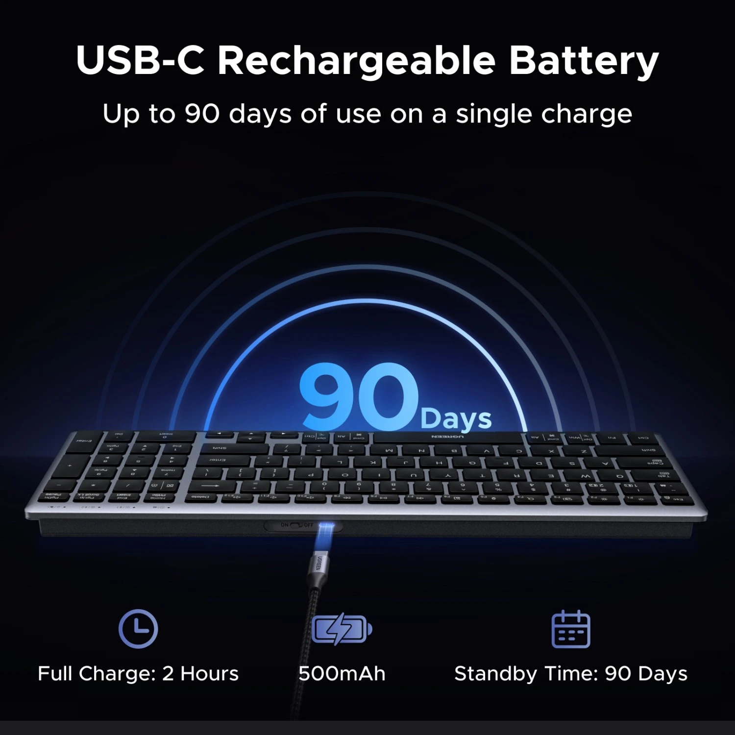 Ugreen Belaidė kompiuterio klaviatūra 2.4GHz / Bluetooth 5.4 įkraunama USB-C aprašymas - Prekės nuotrauka
