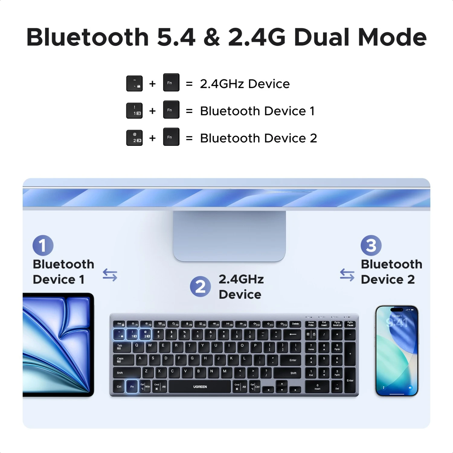 Ugreen Belaidė kompiuterio klaviatūra 2.4GHz / Bluetooth 5.4 įkraunama USB-C aprašymas - Prekės nuotrauka