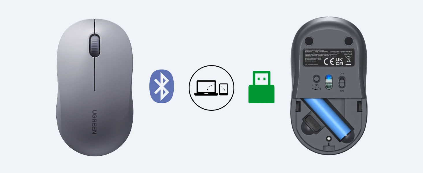 Ugreen Belaidė kompiuterinė pelė 2.4GHz / Bluetooth 5.4 (reguliuojamas DPI), pilka aprašymas - Prekės nuotrauka