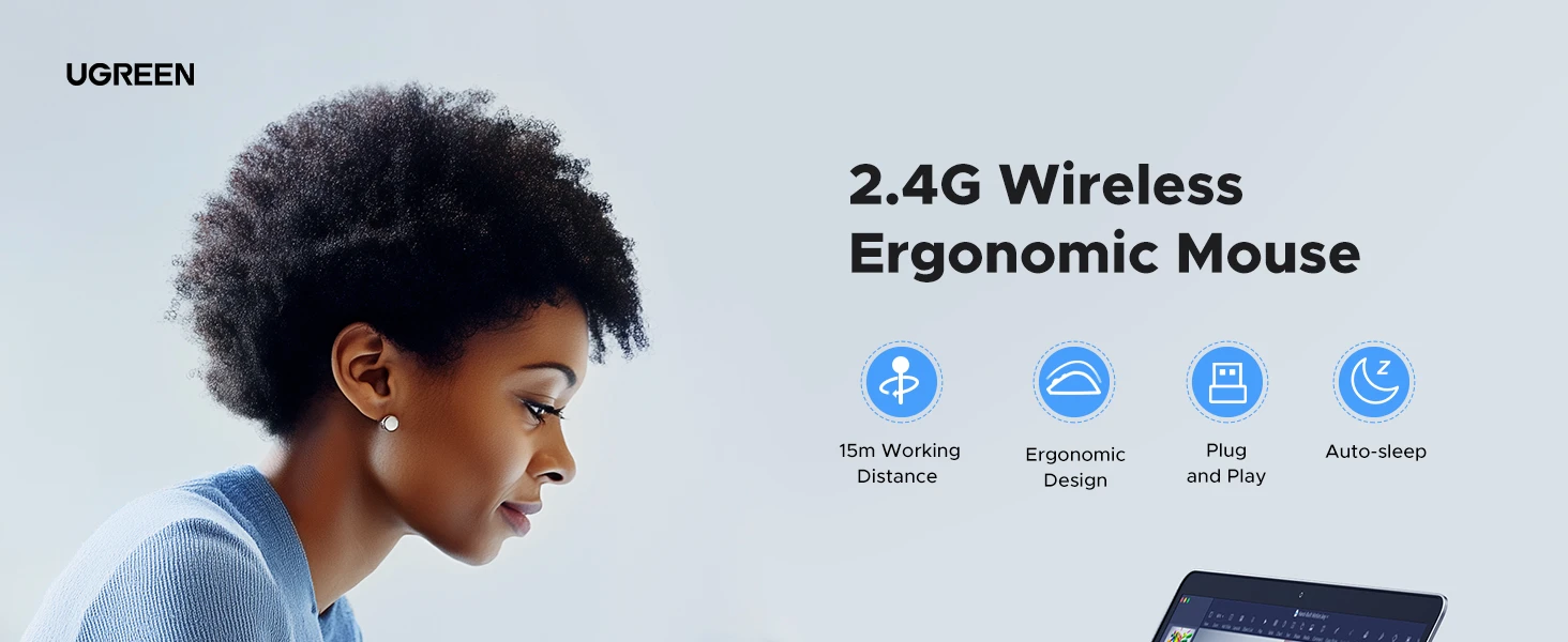 Ugreen Belaidė kompiuterinė pelė 2.4GHz, juoda aprašymas - Prekės nuotrauka