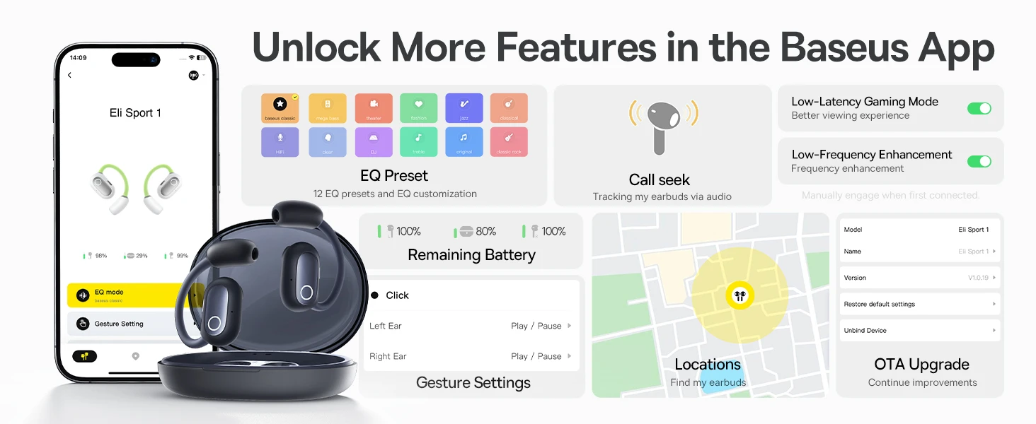 Baseus Belaidės Bluetooth 5.3 ausinės Eli Sport 1 su įkrovimo dėklu, juodos aprašymas - Prekės nuotrauka