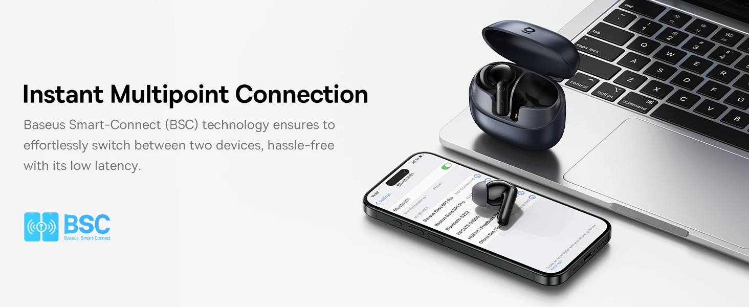 Baseus Belaidės Bluetooth 6.0 ausinės Bass BP1 Pro su triukšmo slopinimu ir įkrovimo dėklu, juodos aprašymas - Prekės nuotrauka