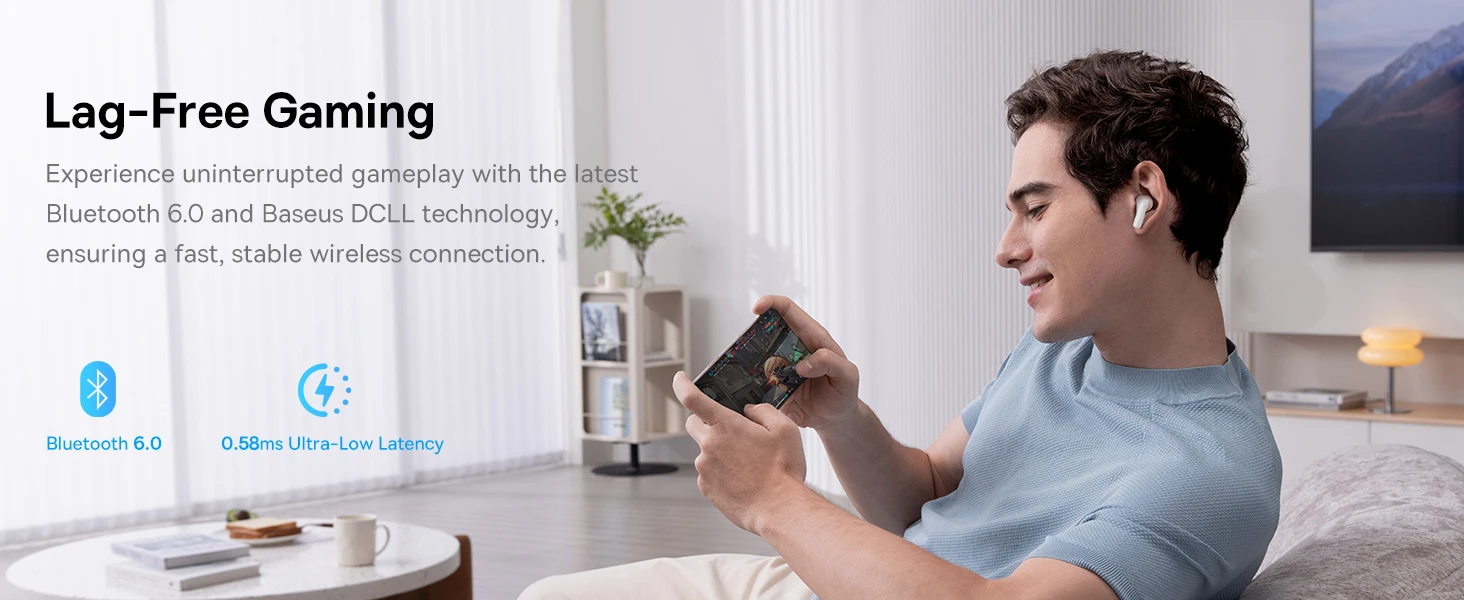 Baseus Belaidės Bluetooth 6.0 ausinės Bass BP1 Pro su triukšmo slopinimu ir įkrovimo dėklu, baltos aprašymas - Prekės nuotrauka