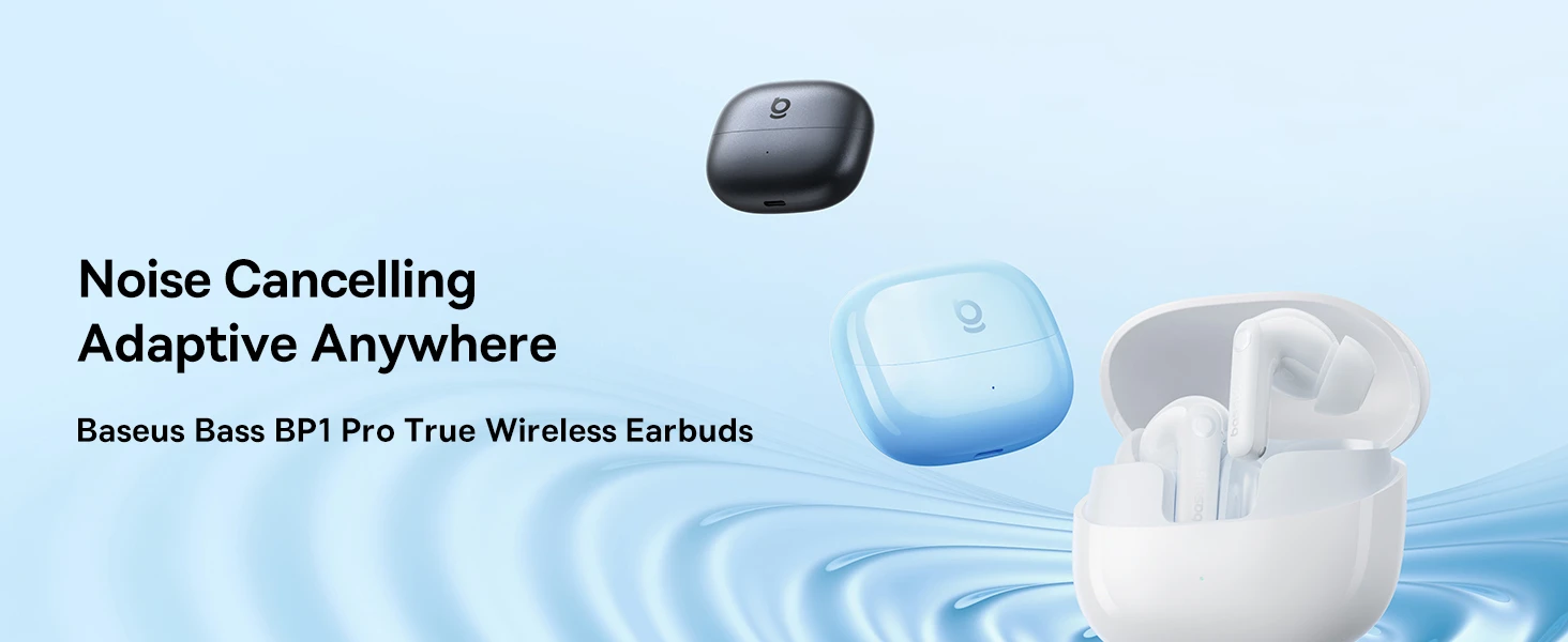 Baseus Belaidės Bluetooth 6.0 ausinės Bass BP1 Pro su triukšmo slopinimu ir įkrovimo dėklu, baltos aprašymas - Prekės nuotrauka