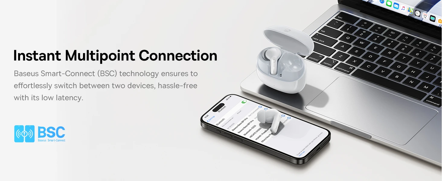 Baseus Belaidės Bluetooth 6.0 ausinės Bass BP1 Pro su triukšmo slopinimu ir įkrovimo dėklu, baltos aprašymas - Prekės nuotrauka