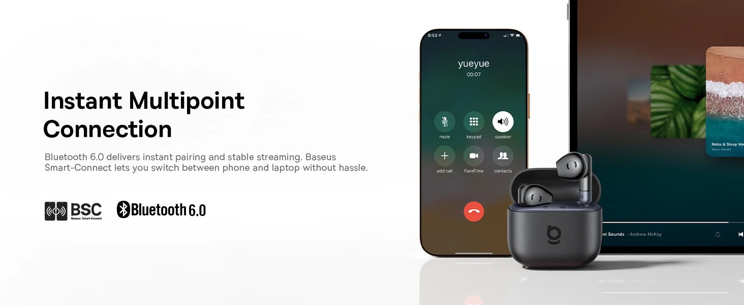 Baseus Belaidės Bluetooth 6.0 ausinės Bass BS2 Lite su įkrovimo dėklu, baltos aprašymas - Prekės nuotrauka